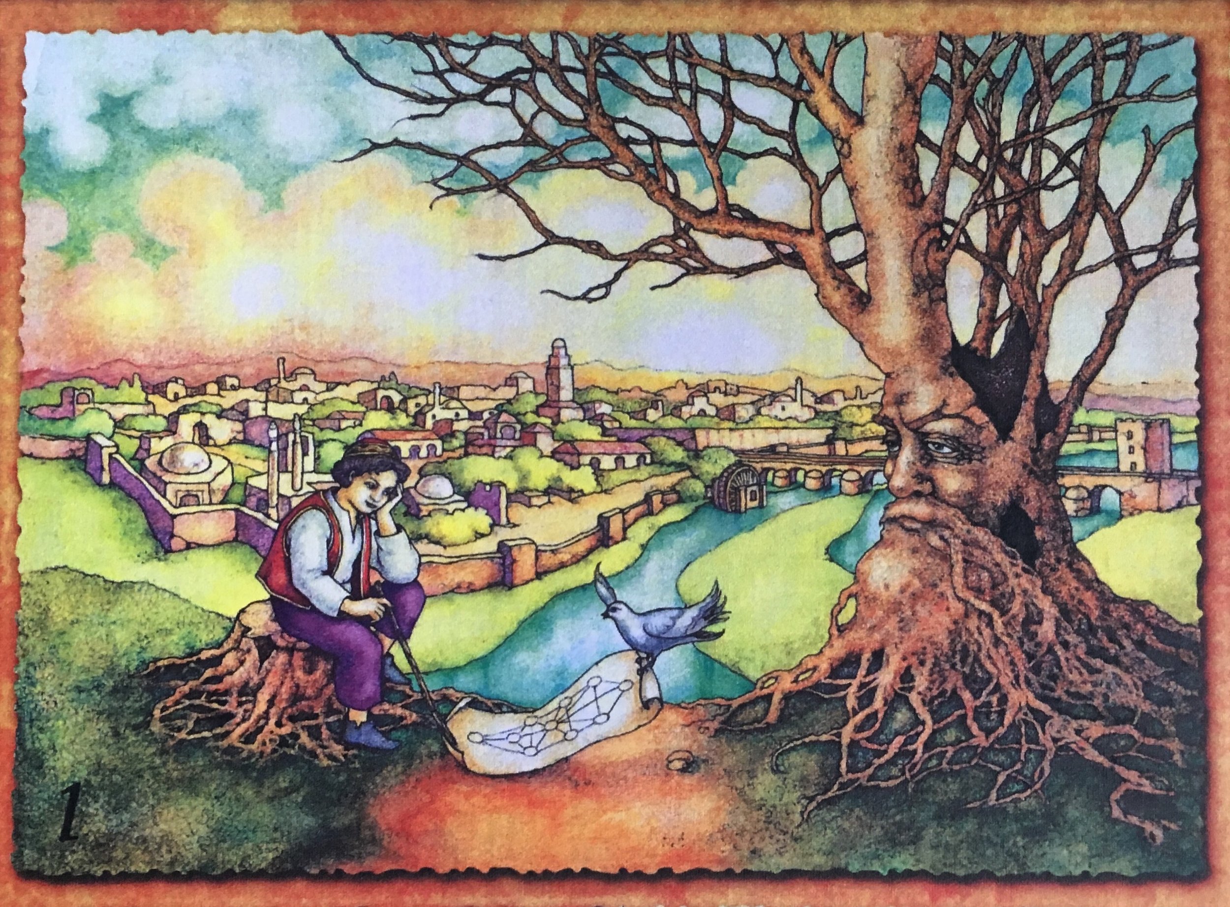 Painting of a young Sefardi boy doodling kabbalistic structures on a piece of parchment while talking to a bird and a tree outside a walled city