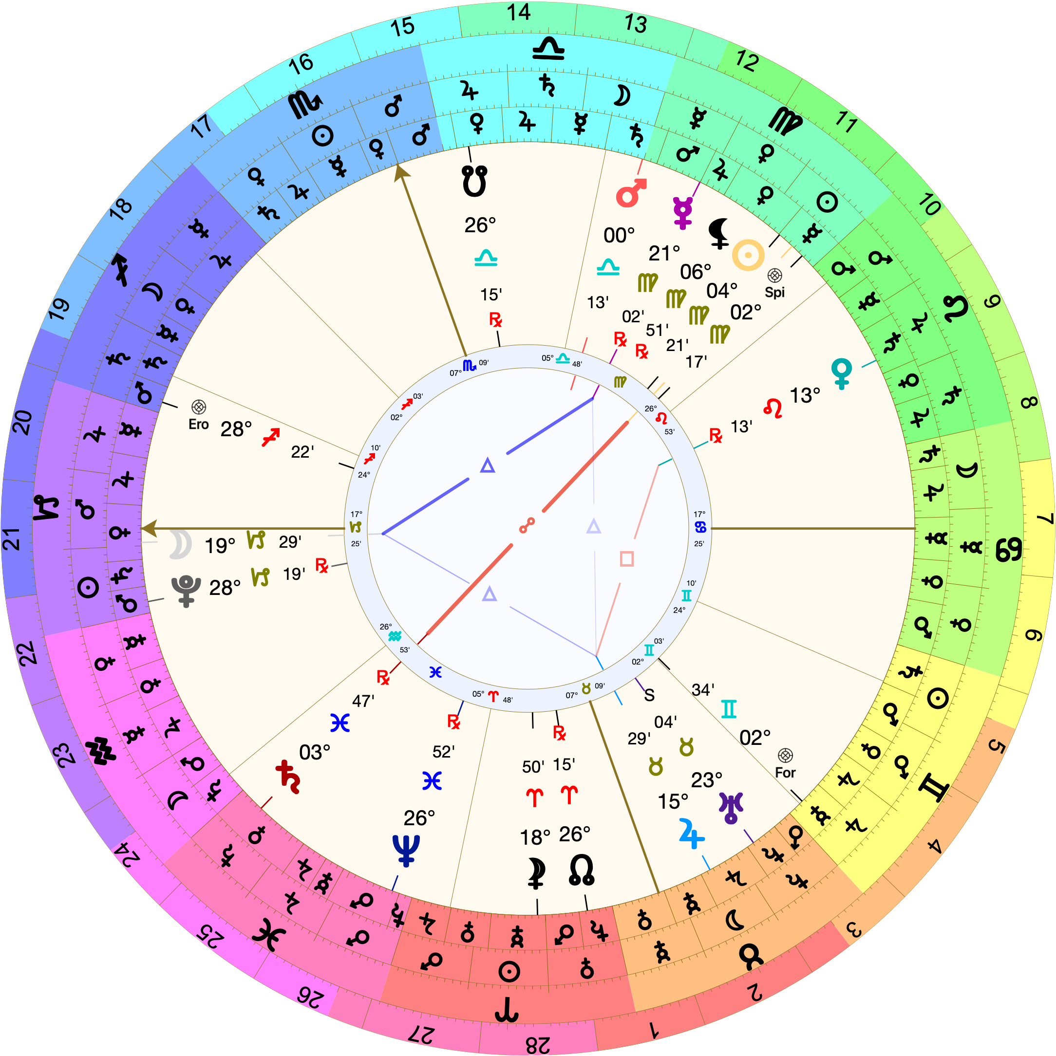 Astrological chart (Placidus houses) with 17º Capricorn rising. The Moon is at 19º Capricorn. Saturn is in the 2nd Placidus house and retrograde at 3º Pisces.